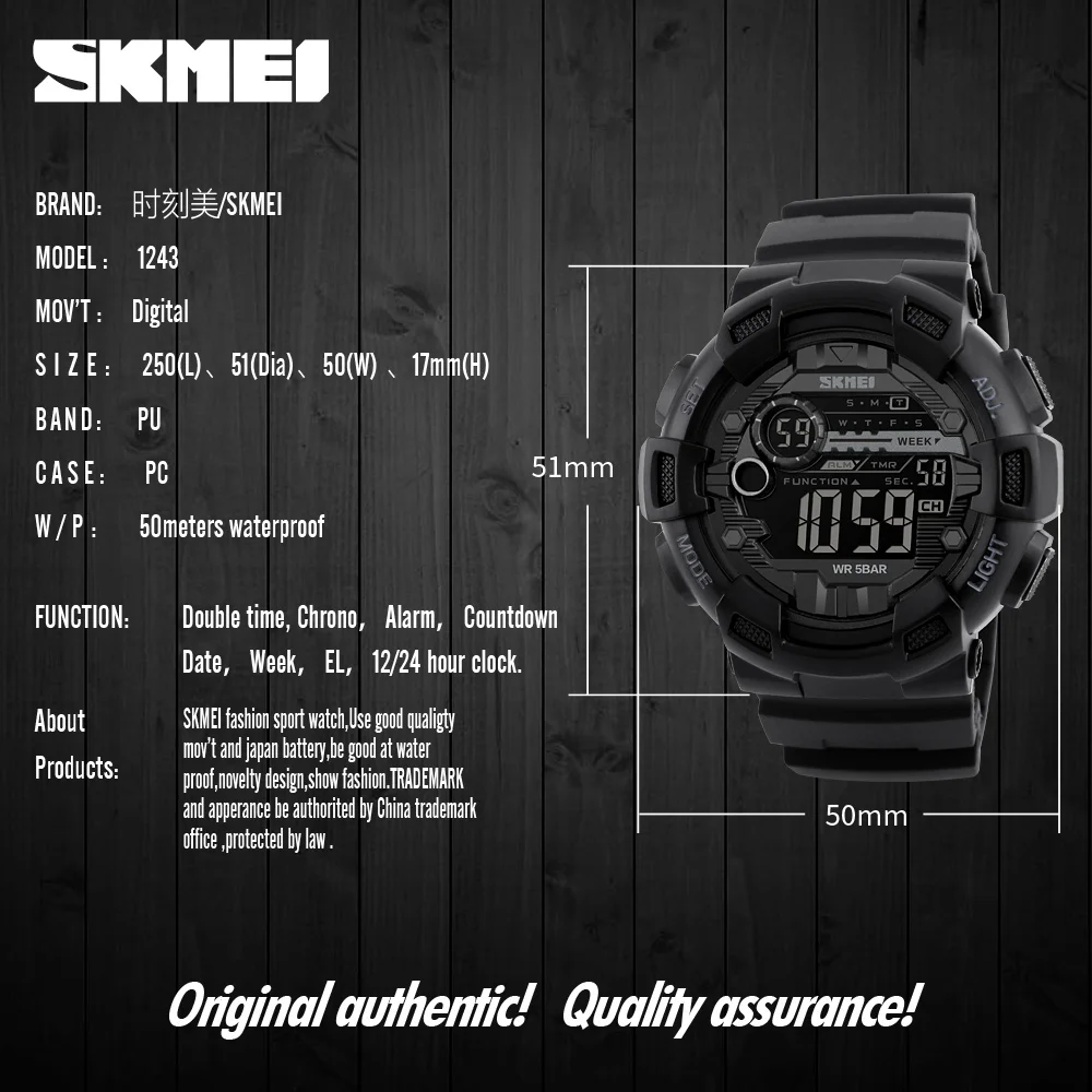 SKMEI Brand Men Sports Watches 50M Waterproof LED Digital Watch Dive Swim Outdoor Shock Military Wristwatches 