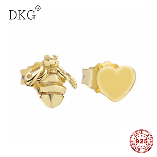 

Spring 100% 925 Sterling Silver Gold Shine Original Heart and Bee Pan Stud Earrings for Women Gift DIY Jewelry