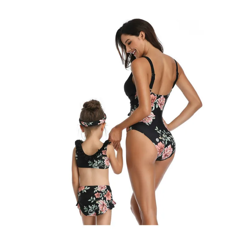 Mother Daughter matching Swimsuits Printing piece double lotus leaf Parent-Child Swimwear Family Matching Swimsuit Outfits