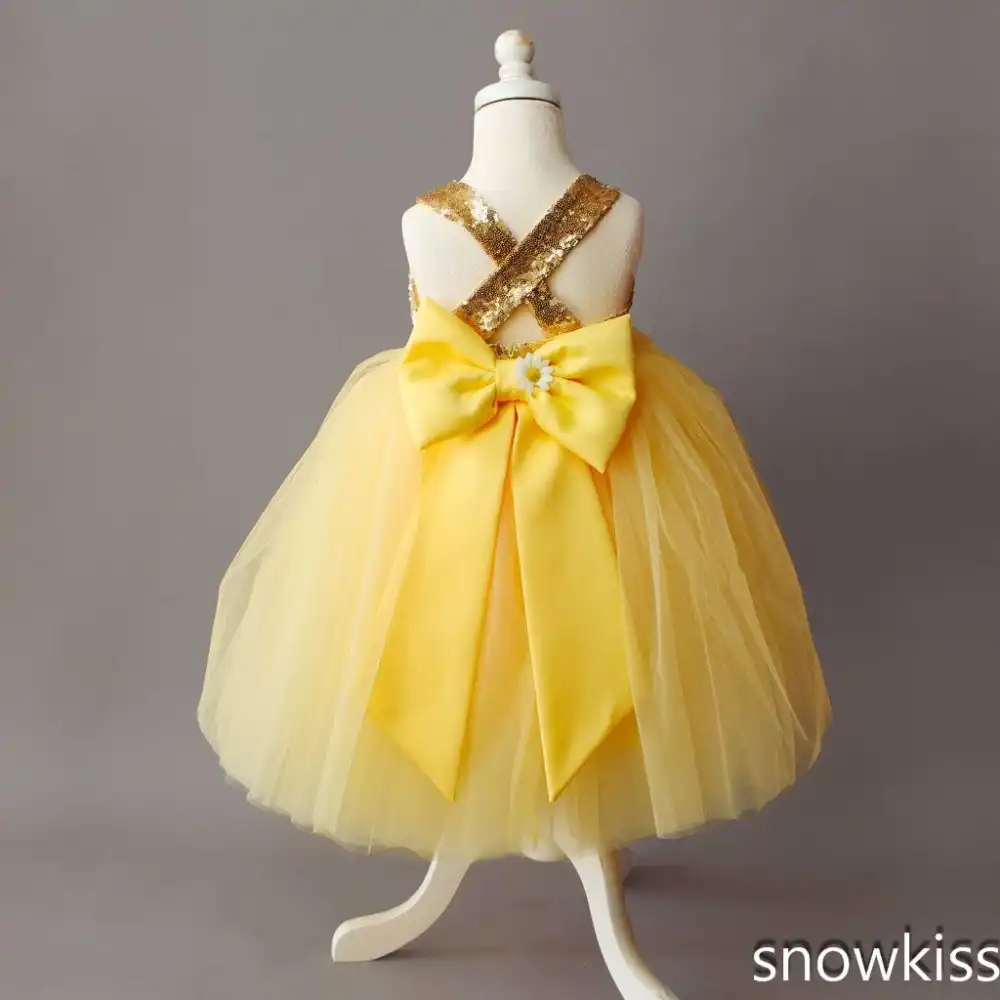 Floor length yellow tulle flower girl dress golden sequin top ball gown