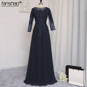 

Ink Blue Evening Dresses Grace A-line Long Sleeves Chiffon Appliques Beaded Long Evening Gown Prom Dress Prom Gown
