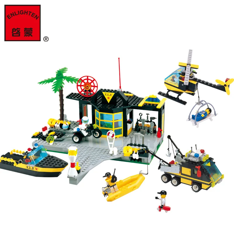 

ENLIGHTEN Police Maritime Rescue Centre Motorboat Helicopter DIY Model Building Blocks minifig Kids Educational Toys Gift