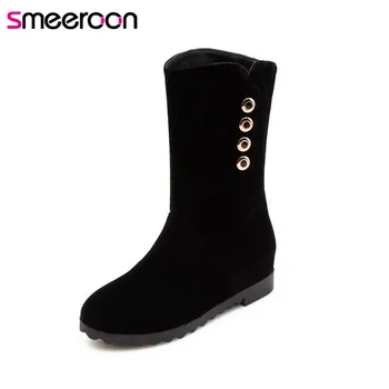 

Smeeroon 2018 fashion autumn winter boots women round toe low heels mid calf slip on high quality flock boots big size 34-40