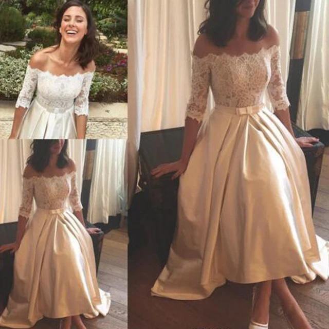 Half Lace Sleeve Champagne Satin Wedding Dresses Short ...