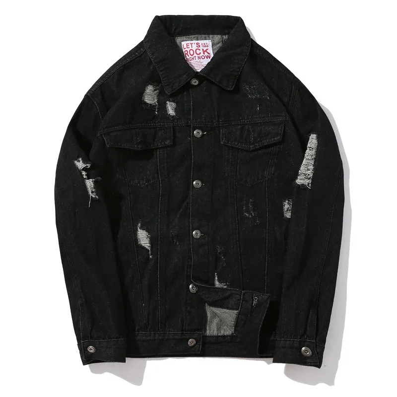 

MORUANCLE Fashion Hi Street Men's Ripped Denim jacket Black Streetwear Destroyed Distressed Hip Hop Denim Jackets With Holes