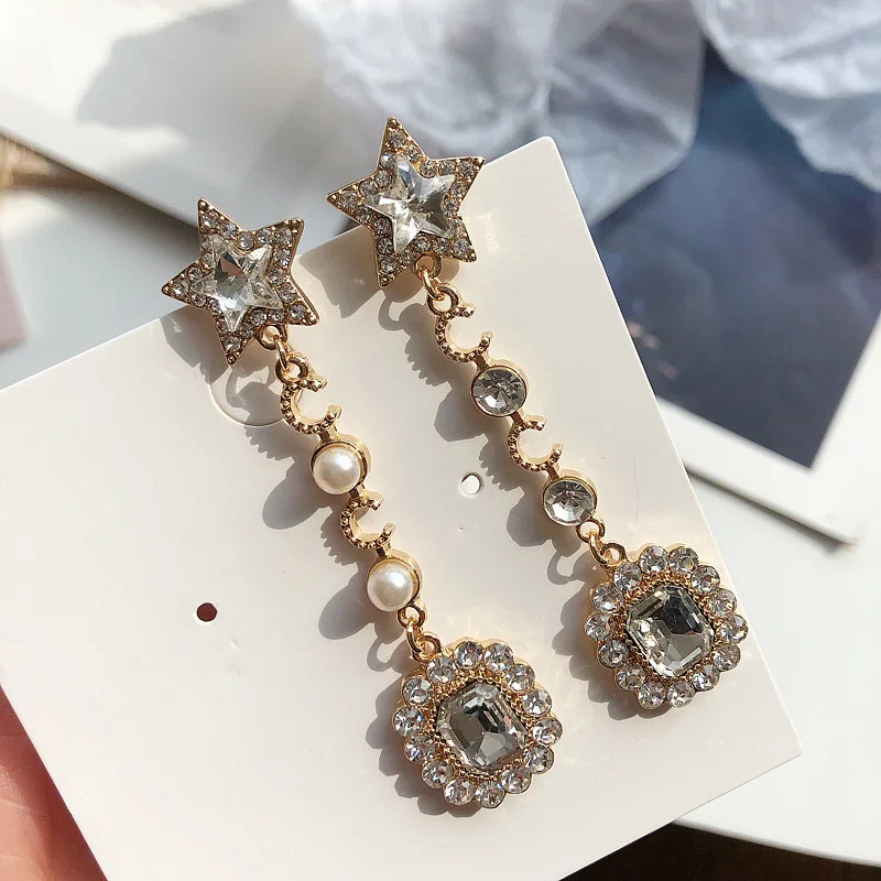 

Trendy Crystal Geometric Women Dangle Earrings Personality Asymmetric Long Tassels Stars Earrings For Women Drops Earrings