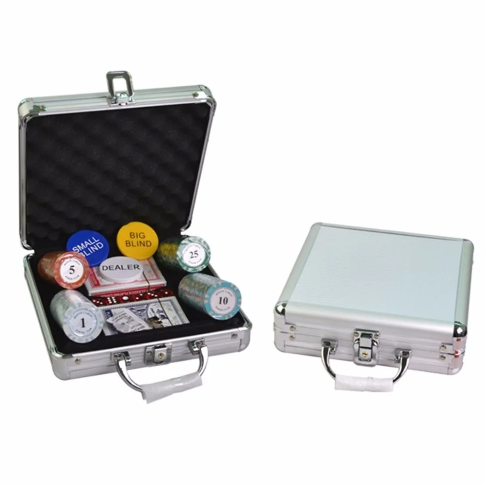 

Poker Chips Bank set 100 pcs Clay Chips & Poker table blackjack layout & Dealer +2 Blinds & 2 Playing cards & 6 dice