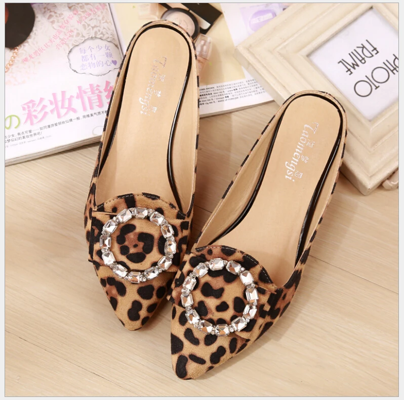 33-43 big yards for women's shoes summer 2017 diamond cool slippers female flat baotou lazy leopard slippers single shoes