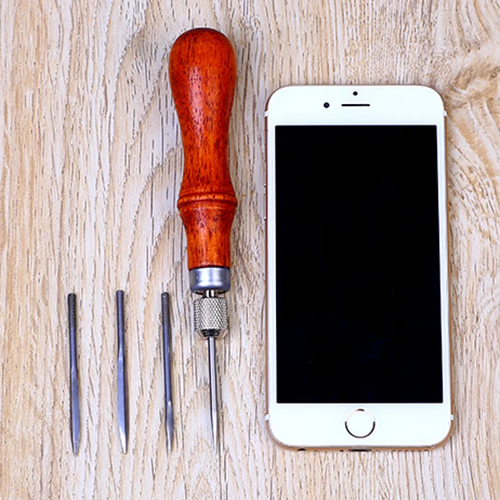 Leather Sewing Tools 4 in 1 DIY Wood Handle Leather Stitching Awl Scratch Awl Canvas Leathercraft Sewing Needle Kit