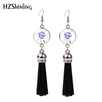 

2018 New Violet Floral Painting Tassel Earring Violets Fish Hook Earrings Art Photo Jewelry Glass Dome Cabochon Earbob