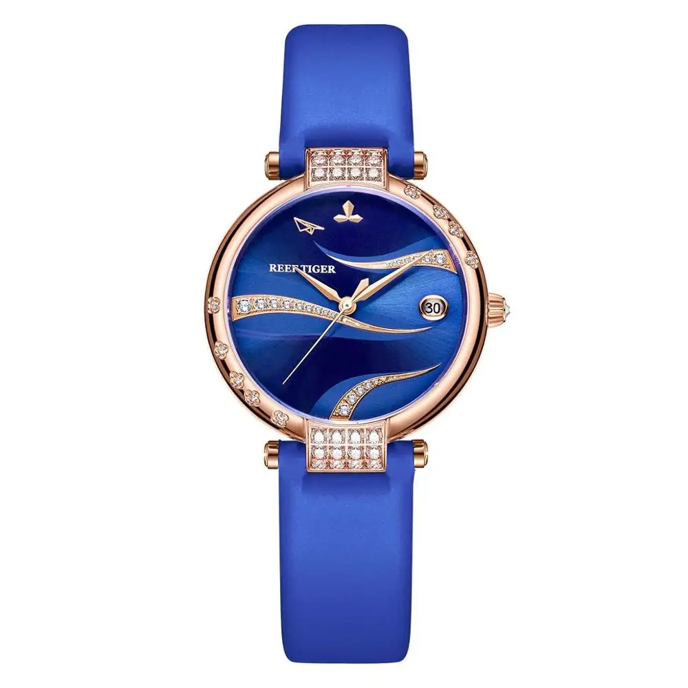 

Reef Tiger/RT Luxury Fashion Women Stainless Steel Diamond Dial Rose Gold Case Blue Dial Leather Band Watches RGA1589