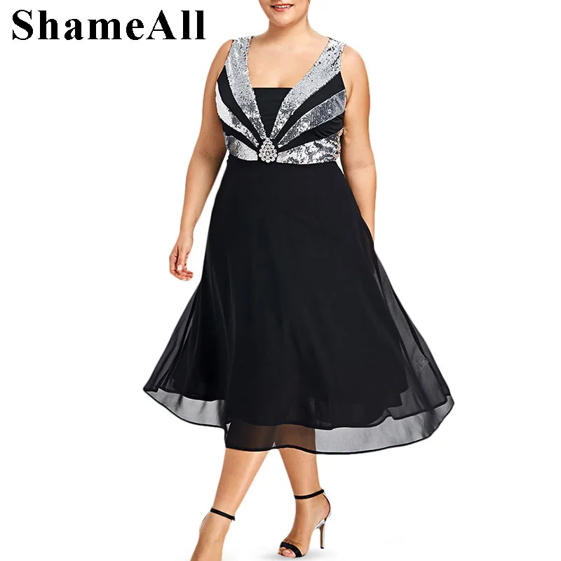 

ShameAll Plus Size 4Xl 5Xl Sparkly Sequined Flowy Party Dress Women Sleeveless Knee Length Robe Elegant Chiffon Dresses Vestido