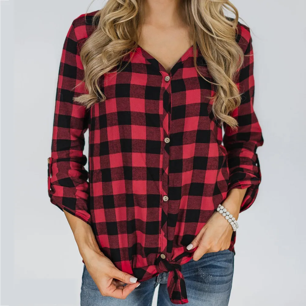 FREE OSTRICH Women New Arrival Classic Fashion Blouse Plaid V-neck Loose Female Casual Button Ladies Shirt Knotted Plus Size Top