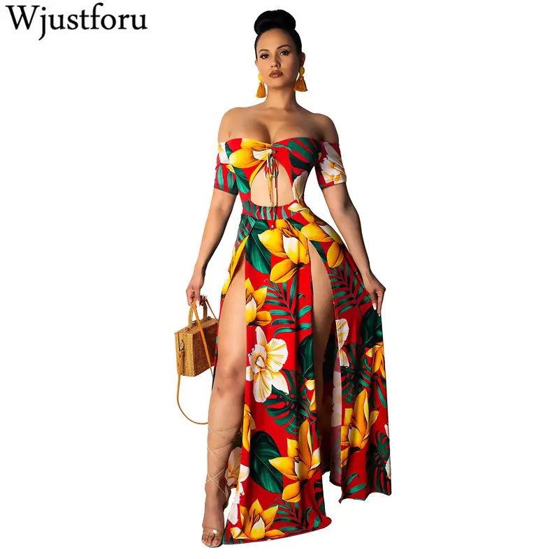 

Wjustforu Sexy Split Print Dress Women Off Shoulder Fashion Beach Dresses Vestidos Summer Elegant Shoet Sleeve Casual Dress
