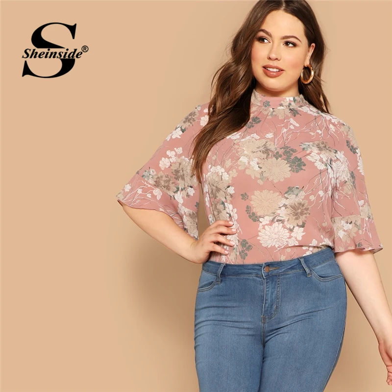 

Sheinside Plus Size Pink Mock-neck Curved Hem Floral Print Blouse Women 2019 Summer Tops Flounce Half Sleeve Bohemian Blouses