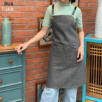 

2020 fashion denim apron coffee shop and hairdresser chef protection suit bib cooking kitchen aprons for woman man apron overall