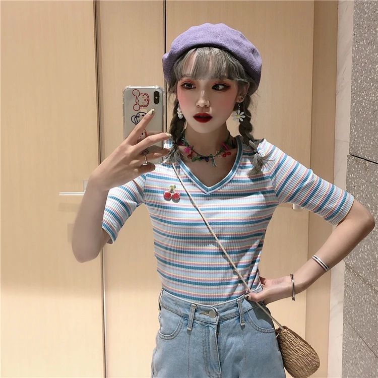 

Thin Knit Striped Sexy V-neck Slim Cherry Patches Crop Top T Shirt Tee T-Shirt Korean Women 90s Kawaii Cute Cropped Short Lolita