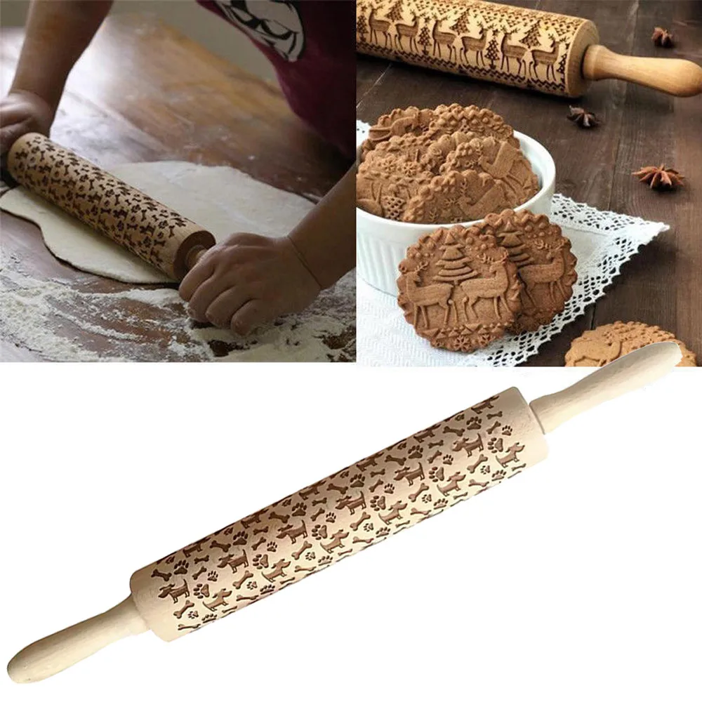 

2019 Christmas Snowflake Cat Wooden Rolling Pin Embossing Baking Cookies Noodle Biscuit Fondant Cake Dough Patterned Roller