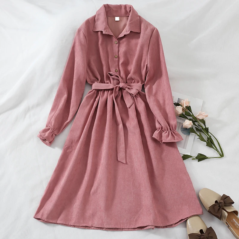 

Shirt Dress Winter Autumn Pink Dress Women Long Sleeve Dresses 2018 Korean Robe Femme Vintage Clothes Retro Ruffle Vestidos Red
