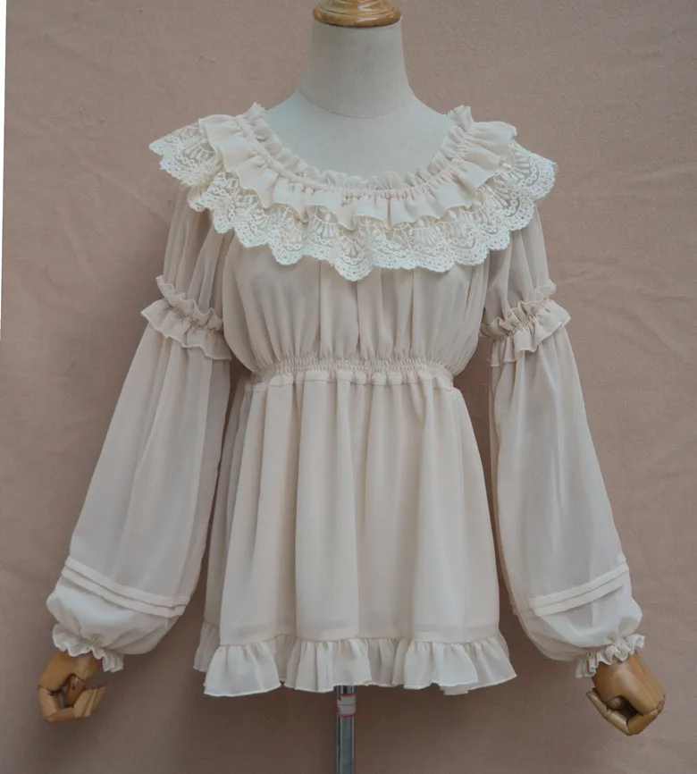 Женская шифоновая блузка с длинным рукавом, милая блузка с круглым вырезом, топ белый/черный/бежевый