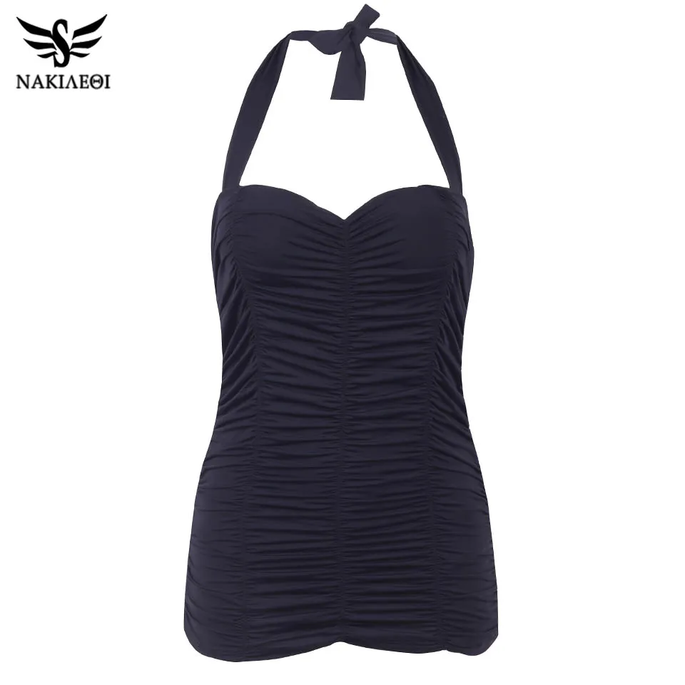 

NAKIAEOI New Plus Size Swimwear Large Size One Piece Swimsuit Women 2019 Vintage Retro Fold Solid Halter Top Beach Bathing Suits
