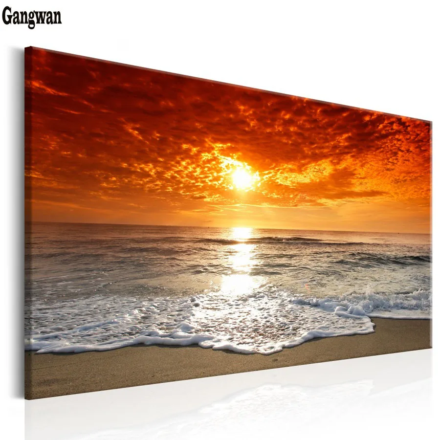 

Full Square round Diamond embroidery Diamond mosaic 5D DIY Diamond painting Cross stitch Beach Picture Sunset Sea Wave Landscape