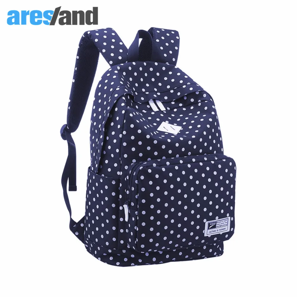 Aresland Polka Dot Backpack for Teenage Girls School Bag Navy Blue Canvas Shoulder Bag Rucksack ...