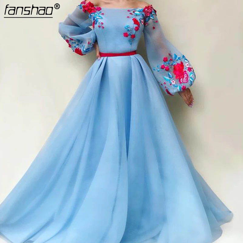 

Blue Muslim Evening Dresses 2019 A-line Lantern Sleeves Tulle Islamic Dubai Saudi Arabic Long Formal Evening Gown Prom Dress