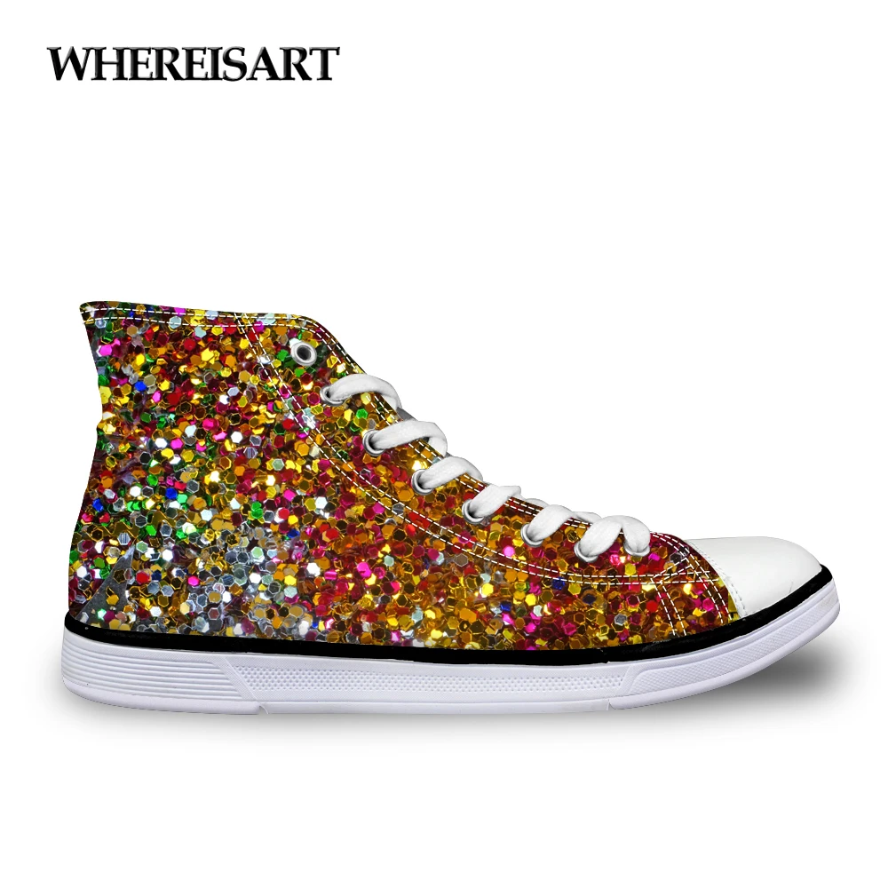 

WHEREISART Fashion Shining Sequin Printed Vulcanize Shoes Casual Women High Top Canvas Shoes Breathable Female Lace-up Shoes