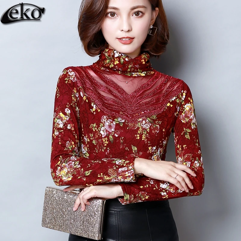 Elegant Lace Blouse Feminine Autumn Winter Blouse Female