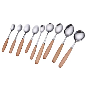 

Vacclo Stainless Steel Dessert Spoon Beech Wooden Handle Coffee Stir Cream Honey Scoop Smooth Surface Kitchen Tableware