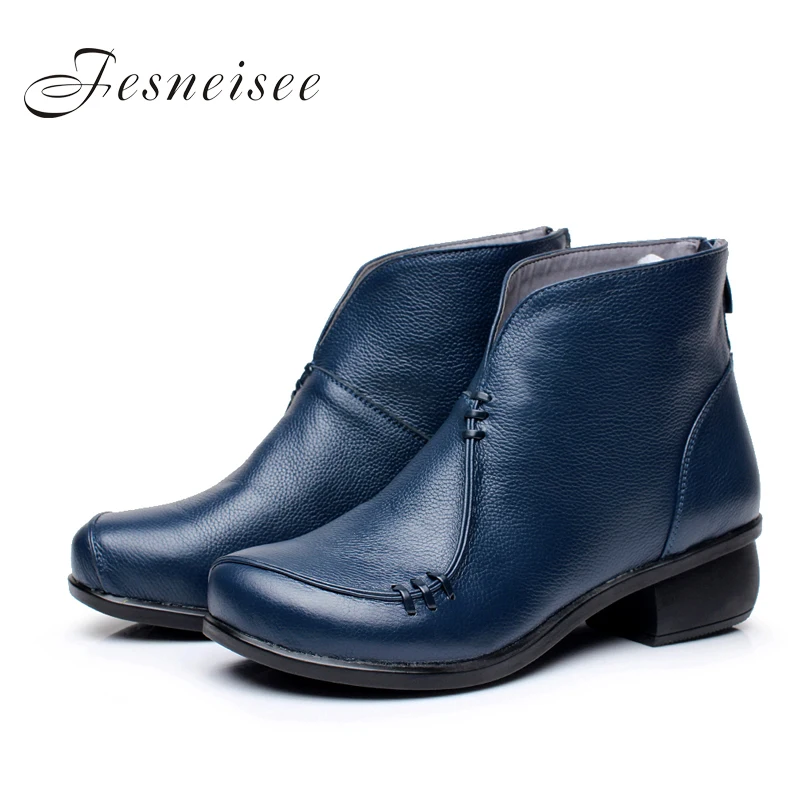 Achat 2017 Nouveau Automne dame Hiver Carré Talons Chaussures En Cuir Véritable Bottes Dos Zipper Femmes Bottines Pointure 41 43 pour femme