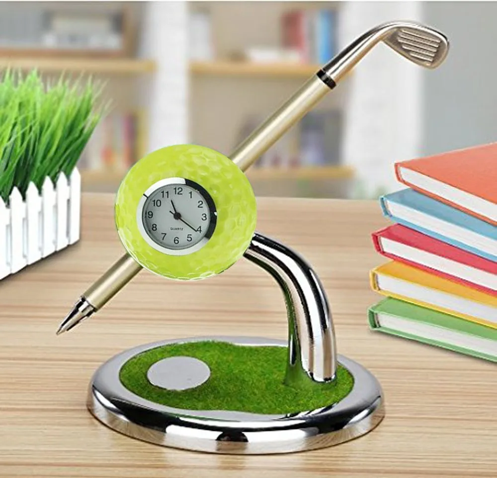 CRESTGOLF Golf Gift Golf Ball Design Pen Holder Desktop With a Mini Club Shape Pen and a Watch