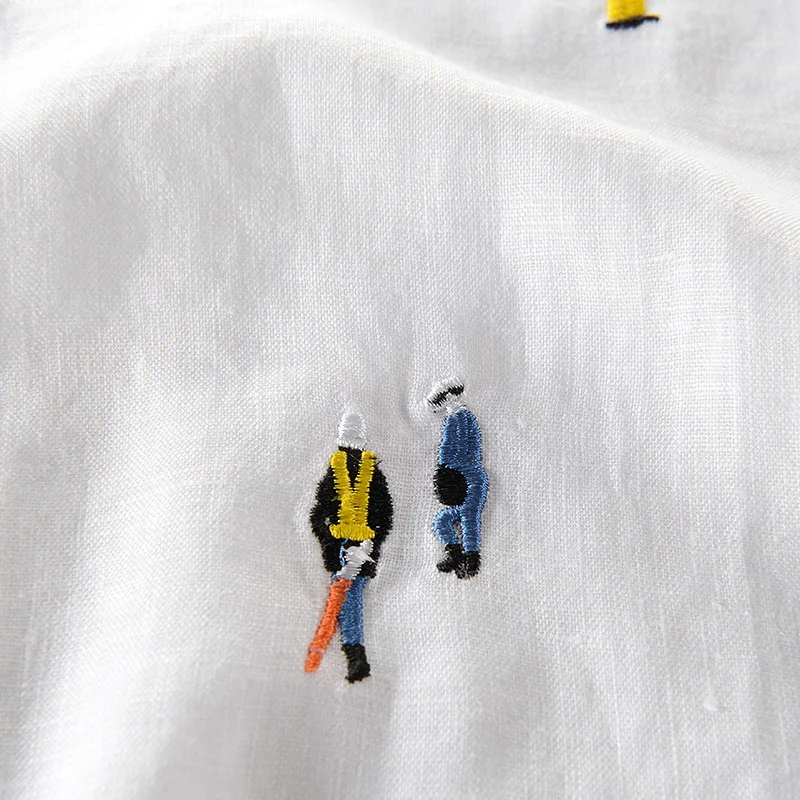 Летняя мужская хлопковая льняная белая футболка с коротким рукавом и мультяшной вышивкой, повседневные мужские топы с круглым вырезом, Азиатский размер M-XXXLY568