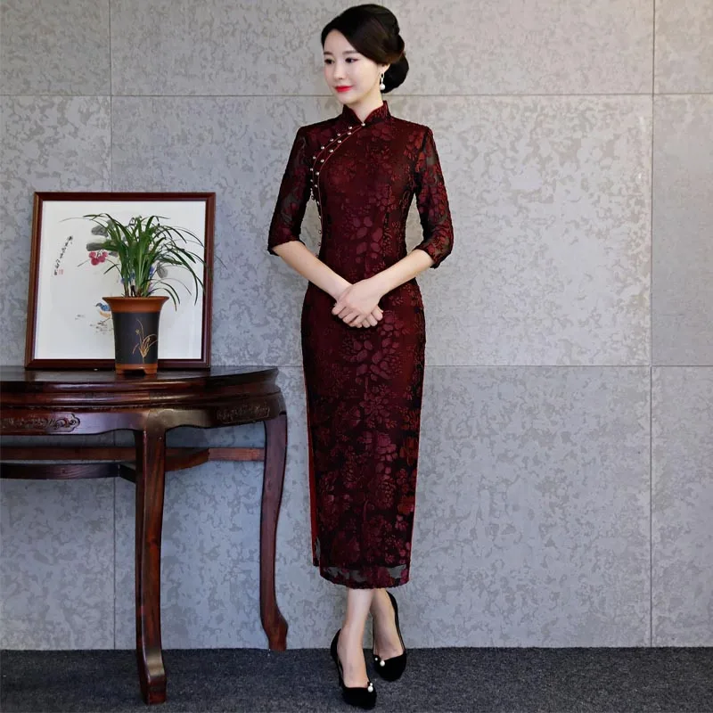 Черное кружевное китайское свадебное платье для женщин Cheongsam тонкое китайское традиционное платье женское длинное платье Ципао для свадебной вечеринки