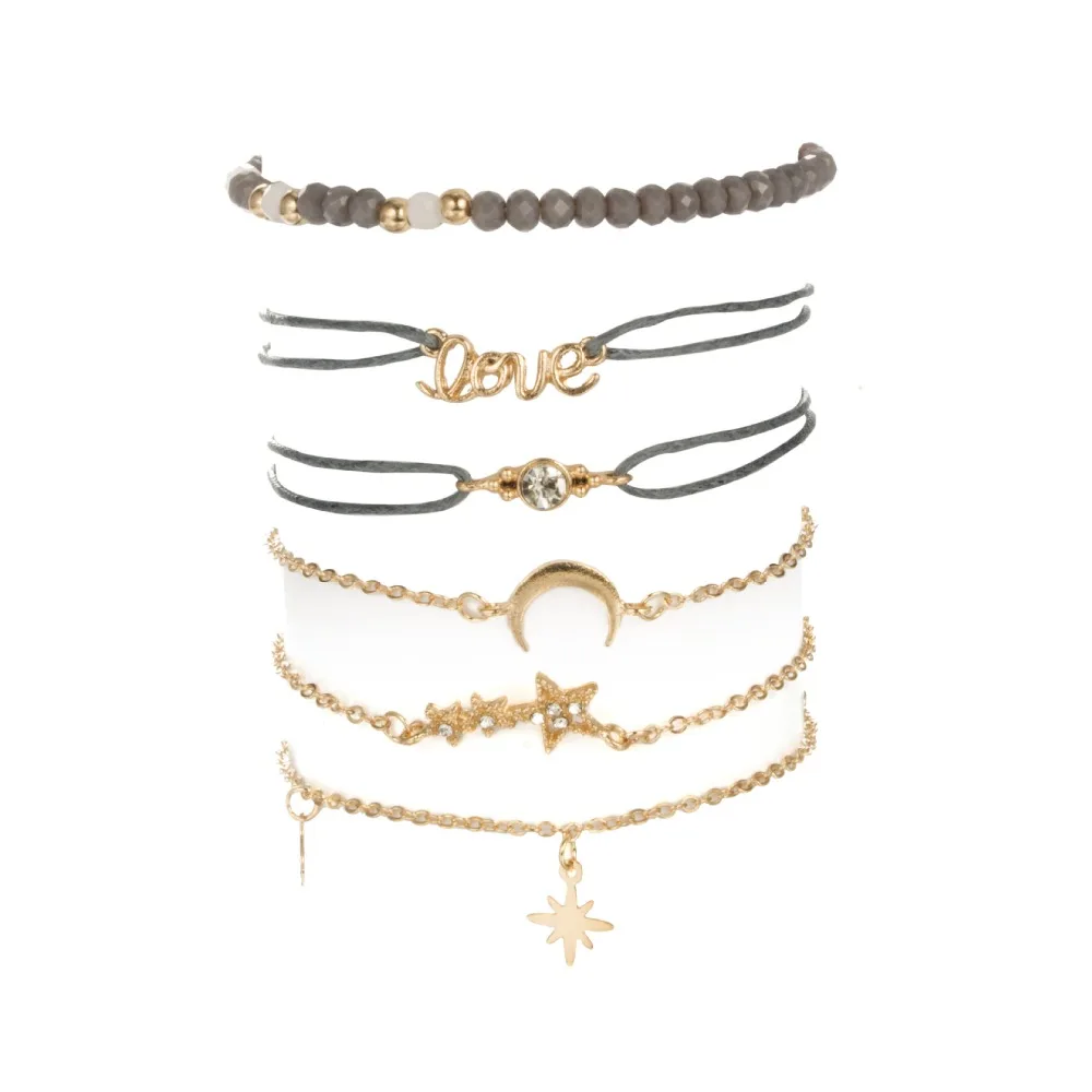 Bohemian Star Moon Crystal Layered Bracelet Set Women Girl Metal Rope Adjustable Bracelet Jewelry