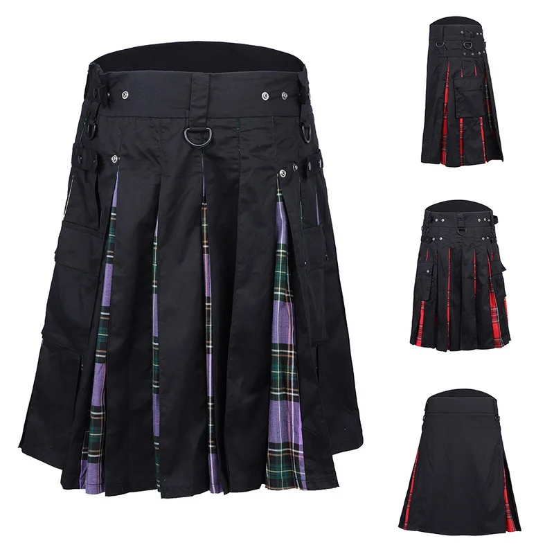 Летние клетчатые шорты мужские шотландские однотонные короткие юбки Homme плиссированные мужские шорты с эластичной резинкой на талии Карманы заклепки Pantalon Hombre