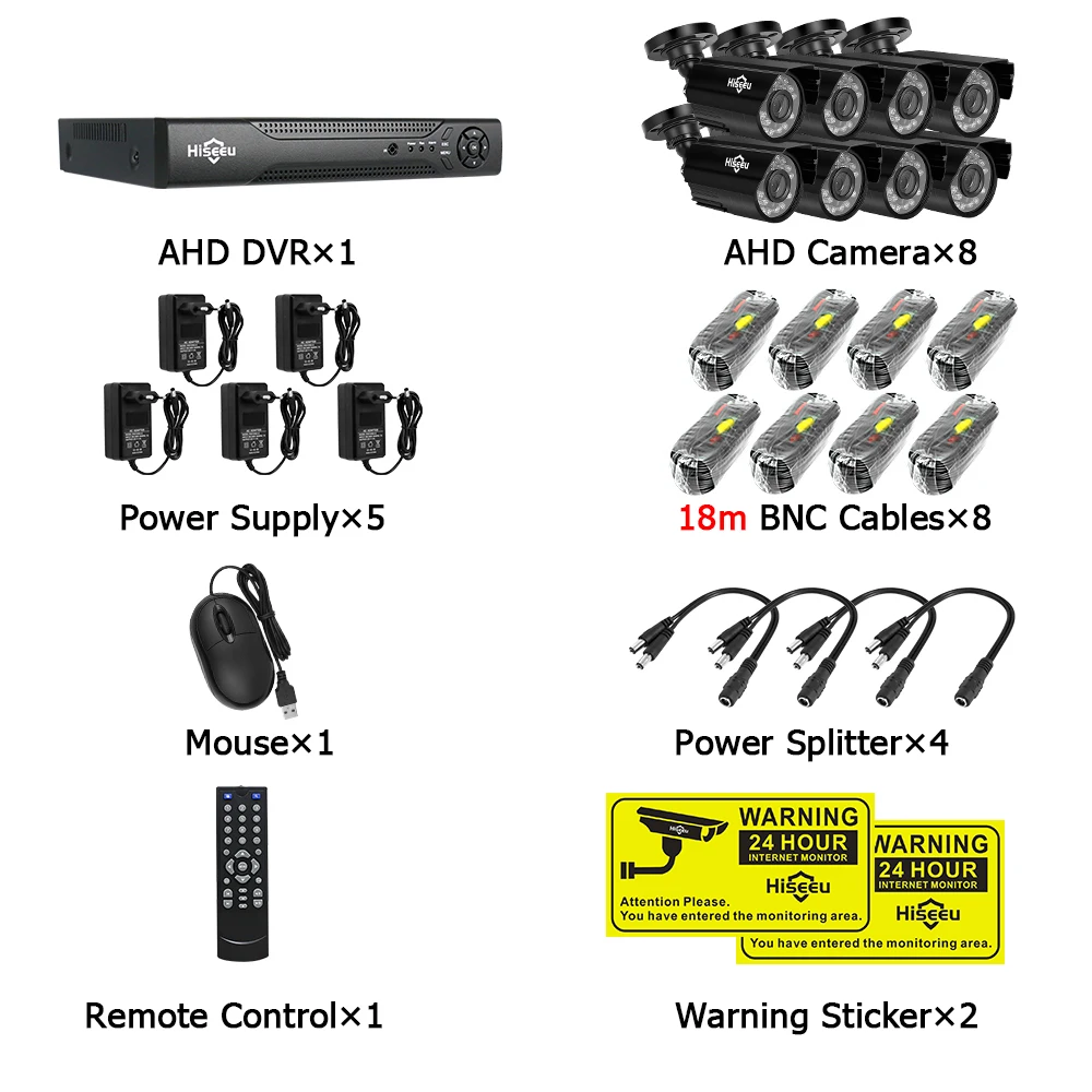 Hiseeu 8CH комплект системы видеонаблюдения AHD 1080P IR Bullet CCTV видеонаблюдение Домашняя