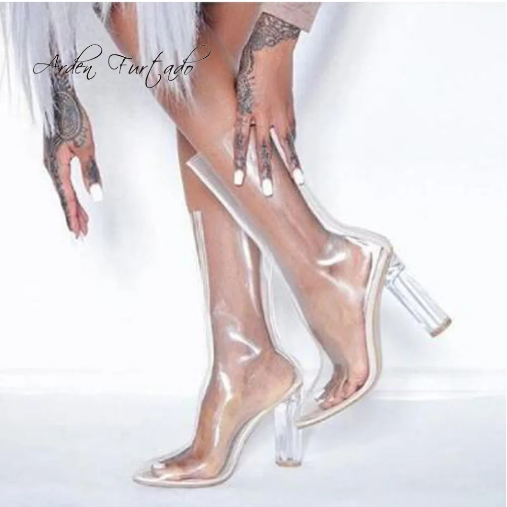 

Arden Furtado Summer Woman Boots Crystal Heel Calf Boots Chunky High Heels Shoes For Woman Transparent Fashion Sexy Ankle Boots