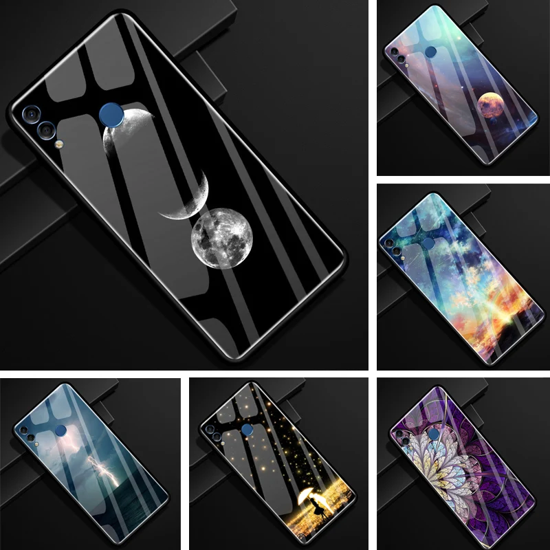

For Huawei Honor 8X Case Tempered Glass Phone Cover Space Moon black Silicone Bumper Cover for Huawei Honor 8X X8 8 X 6.5" Capa