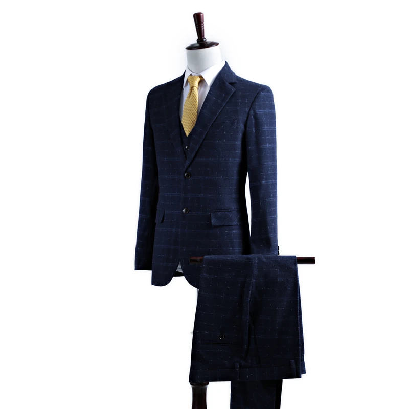 Slim Fit Navy Blue Damier Men Suit Terno Slim Fit Two Buttons Terno Masculino Wedding Suits for Men (Jacket+Vest+Pant)