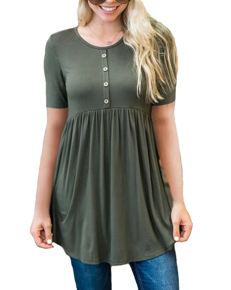 

Hitmebox 2019 Fashion Casual Short Sleeve Round Neck Pleated Flare Tunic Tops A-line Flowy Swing Solid Color TShirt for Women