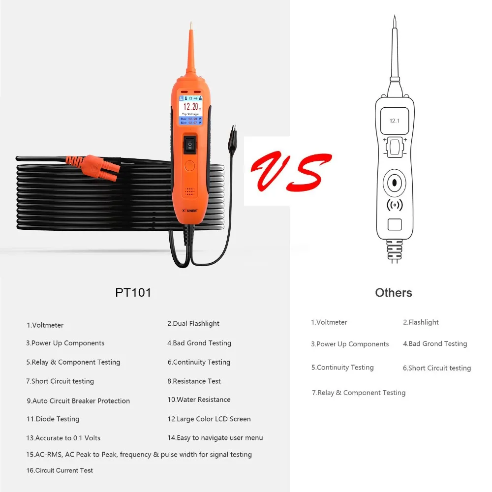 XTUNER PT101 12 В/24 В тестер автомобильной батареи тестер цепи зонд питания DC/AC электрическая цепь Авто Электрическая система сканер