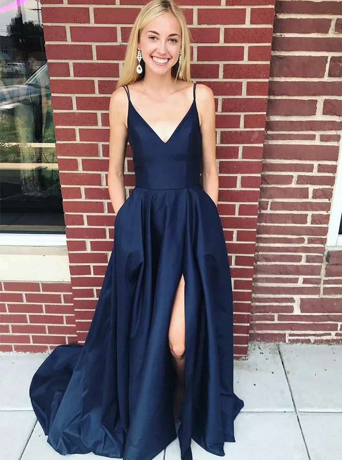

Vintange V Neck Slit Prom Dresses 2018 Navy bLue Prom Gowns Backless Evening Dresses Prom Dress Satin vestidos de graduacion