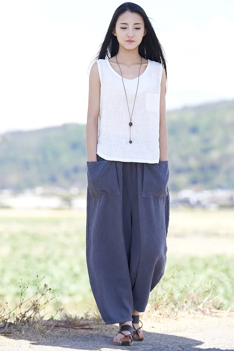 LZJN Baggy Pantalon Women Loose Ankle length Pants Linen Wide Leg Ladies Casual Sand Wash Summer Cool Baggy Trousers with Pocket (36)
