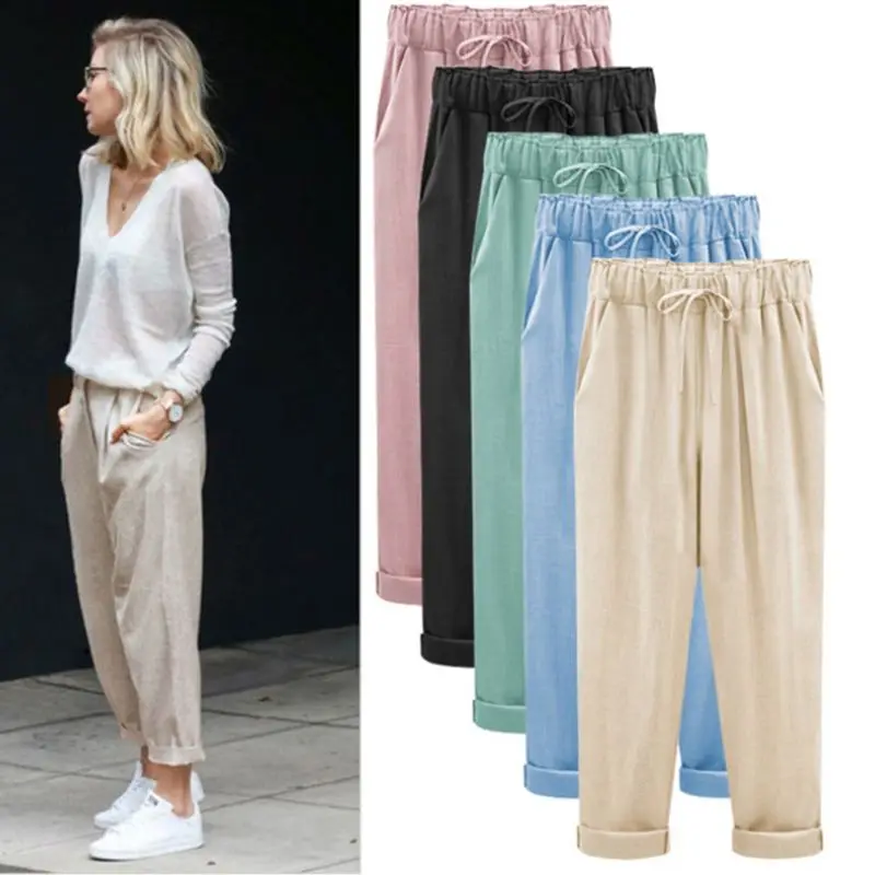 Womens Plus Size Drawstring Cropped Pants Sweet Candy Color Loose