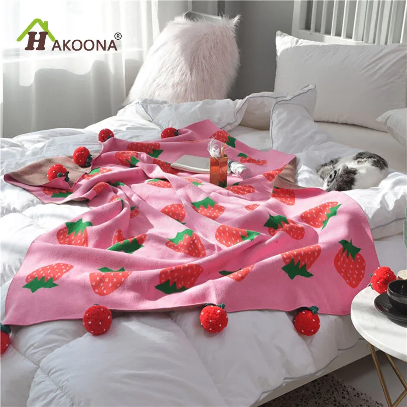 Strawberry Cherry Jacquard Pattern Cotton Knitted Blanket for Children