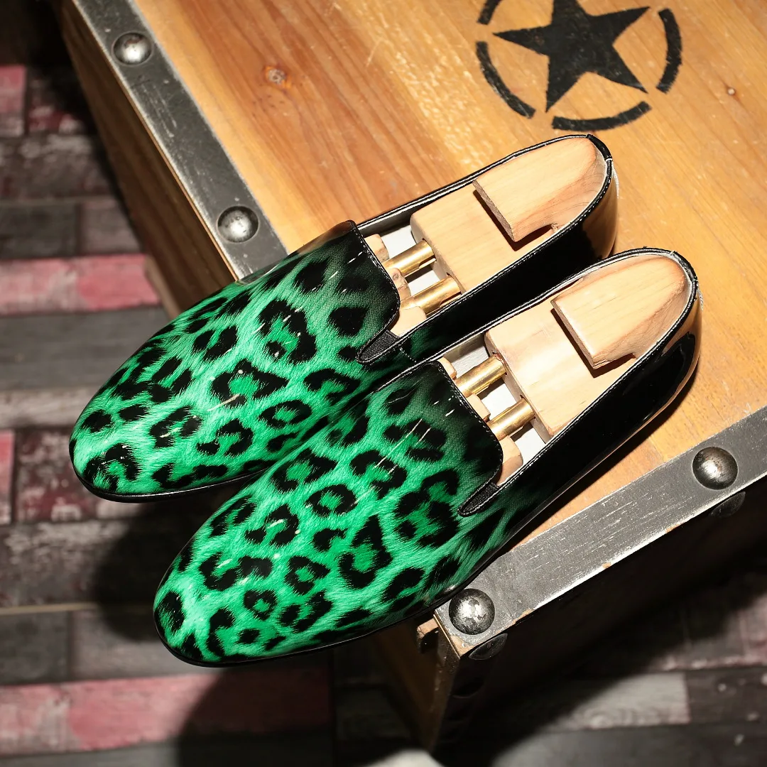 

Punk Chic Men Leopard Printed Loafers Slip on Clubwear Casual Shoes Shiny Leather Green Yellow G9