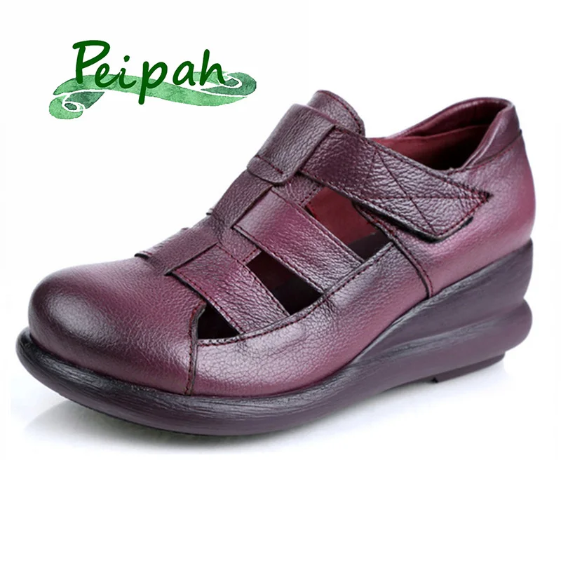 

PEIPAH Retro Women Genuine Leather Sandals Women Summer Wedges Shoes Casual Summer Sandals Platform Shoes Women Creepers