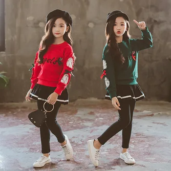 

floral lace sweatshirt long sleeve kids clothes sets top+skirt leggings 2018 autumn fall